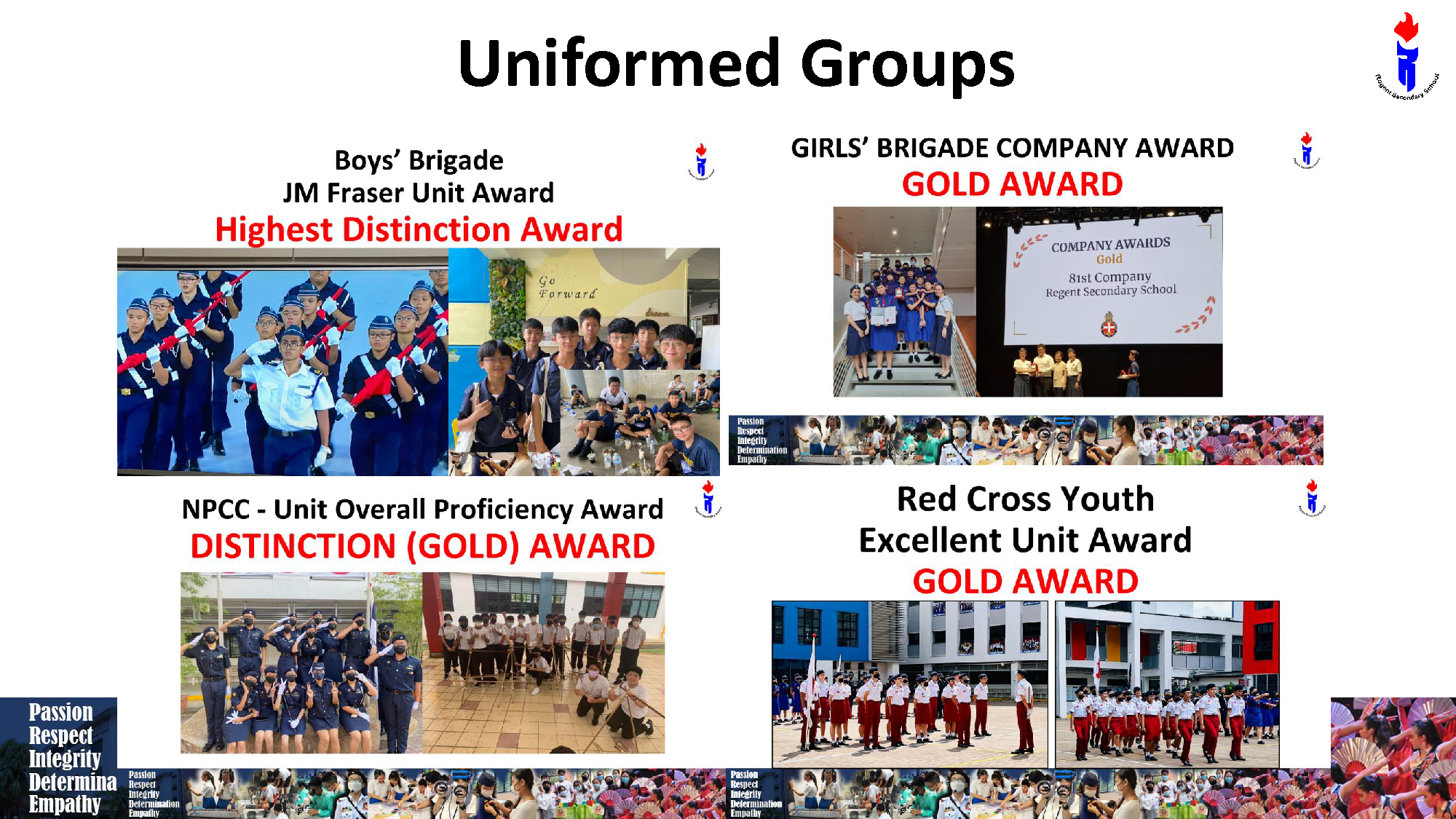 Slide titled Uniformed Groups showing student award photos for Boys Brigade, Girls Brigade, NPCC, and Red Cross Youth.